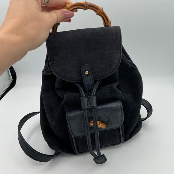Gucci Navy Suede Backpack with Bamboo Handle - Picture 1 of 8